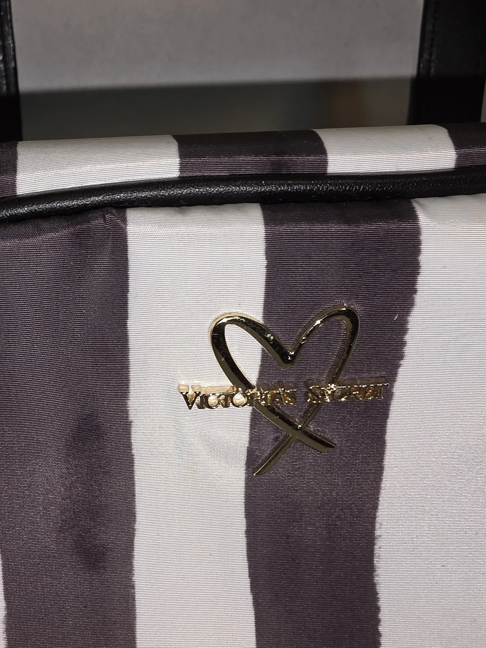 Victoria's Secret Black and White Striped Cosmetic Case with Gold Logo
